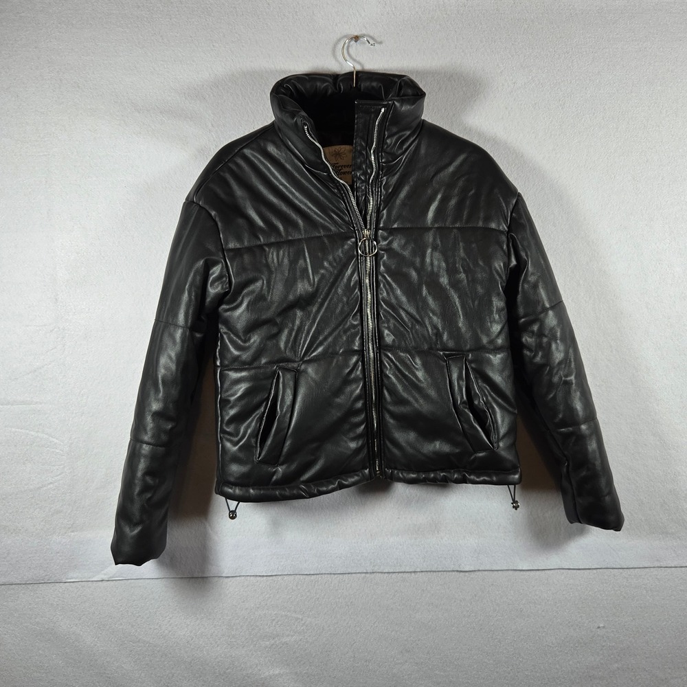 Forever Flower Black Faux Leather Puffer Jacket Size Small Zip Up Quilted